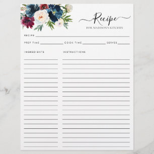 Papier Chic Floral Navy Bleu Bourgogne Rouge Cuisine Rece