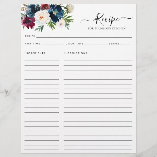 Papier Chic Floral Navy Bleu Bourgogne Rouge Cuisine Rece (Devant)