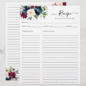 Papier Chic Floral Navy Bleu Bourgogne Rouge Cuisine Rece (Devant / Derrière)