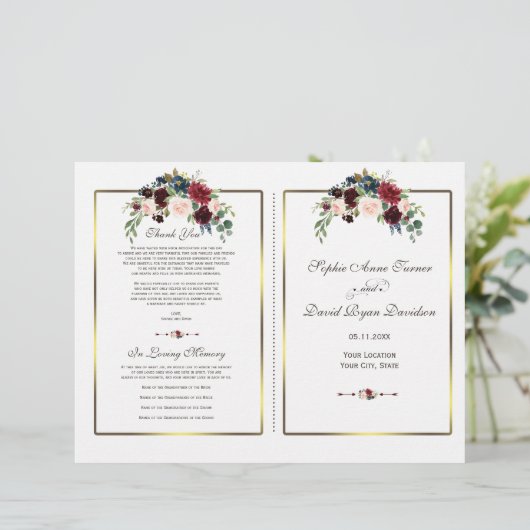 Papier Chic Merlot Navy Floral Gold Frame Wedding Program (Debout devant)