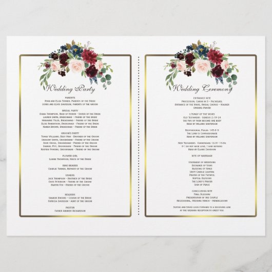 Papier Chic Merlot Navy Floral Gold Frame Wedding Program (Dos)