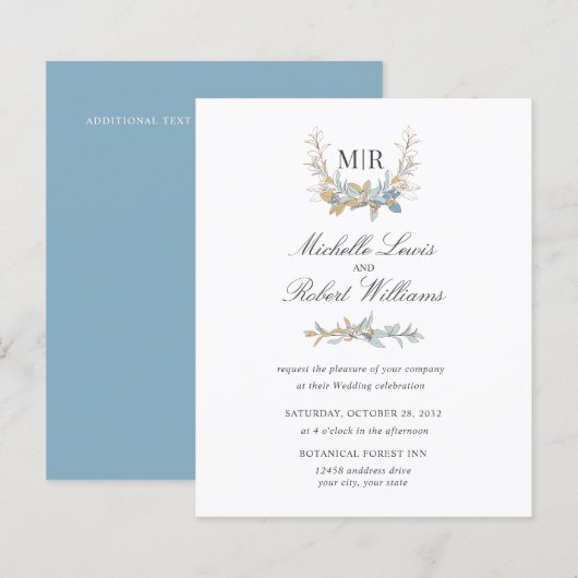 Papier Chic Monogram Crest Or et bleu Mariage floral (Devant / Derrière)