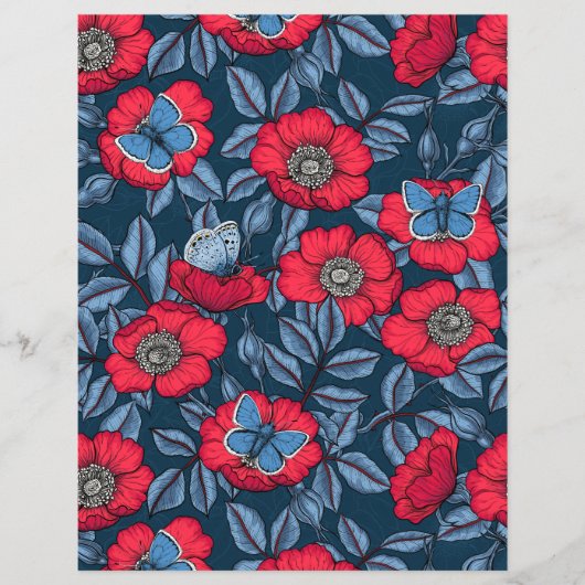 Papier Chien rose et papillons en bleu et rouge (Devant)