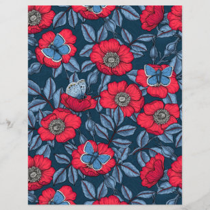 Papier Chien rose et papillons en bleu et rouge