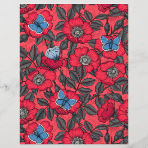 Papier Chien rose et papillons en rouge et bleu