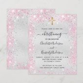 Papier Christening argent rose jumeaux invitation budget (Devant / Derrière)