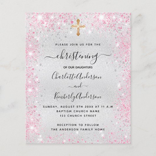 Papier Christening argent rose jumeaux invitation budget (Devant)