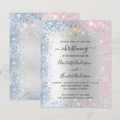 Papier Christening bleu bleu rose enfant fille invitation (Devant / Derrière)