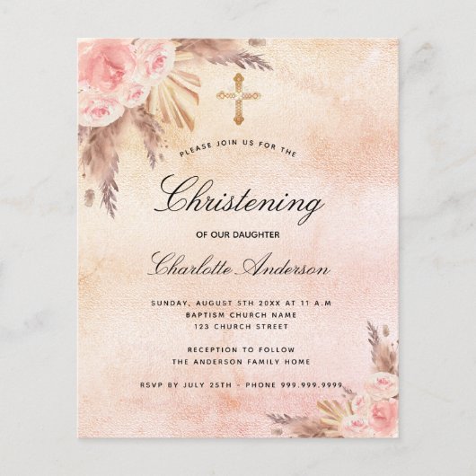 Papier Christening blush rose Pampas invitation florale (Devant)