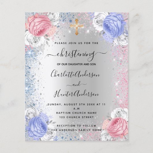 Papier Christening garçon fille bleu rose argent invitati (Devant)