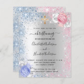 Papier Christening garçon fille bleu rose argent invitati (Devant / Derrière)