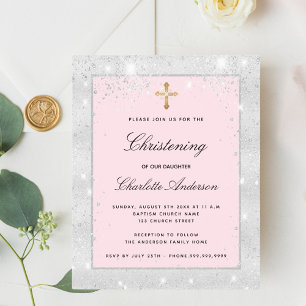 Papier Christening rose fille rose argent invitation croi