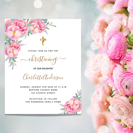 Papier Christening rose florales rose invitation budgétai