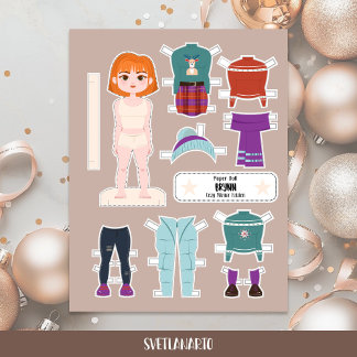 Papier Christmas Paper Doll Redhead Girl Winter Outfits