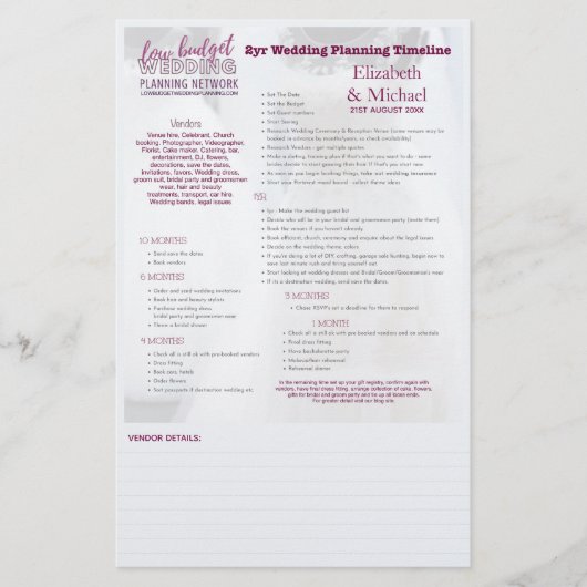 Papier Chronologie wedding planner de 2 ans Personnalisée (Devant)