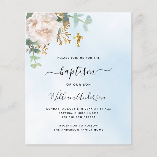 Papier Ciel bleu eucalyptus fleuri garçon baptême invitat (Devant)