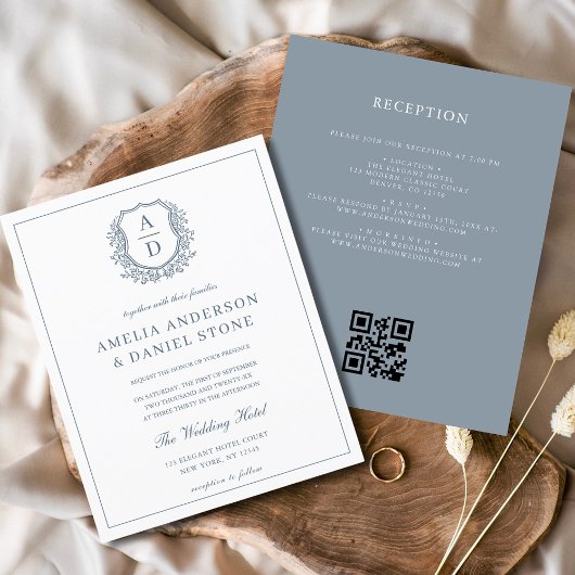 Papier Cimetière bleu Dusty Monogram Mariage QR Code