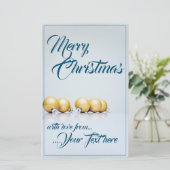 Papier Cinq boules de Noël dorées - écriture bleue (Debout devant)