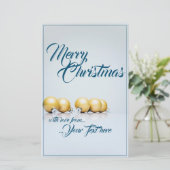 Papier Cinq boules dorées de Noël - écriture bleue (Debout devant)