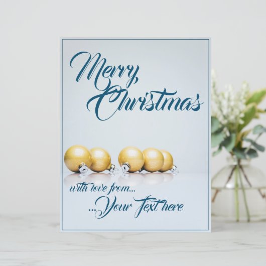 Papier Cinq boules dorées de Noël - écriture bleue (Debout devant)