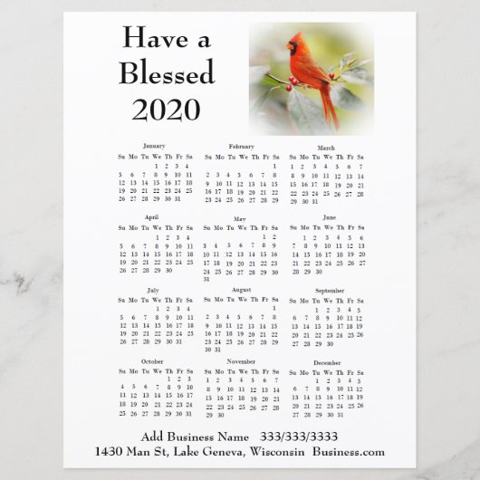 Papier Circulaire Cardinal Business Calendar 2020 pour le (Devant)