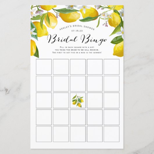Papier Citron Jeu de bingo de douche à thème nuptiale, (Devant)