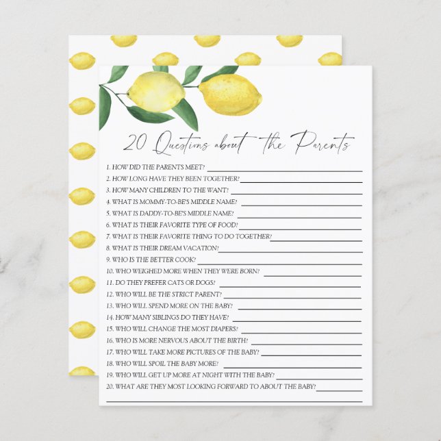 Papier Citrons - 20 questions sur les Parents (Devant / Derrière)