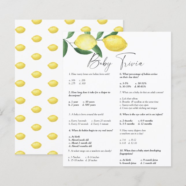 Papier Citrons - Bébé Jeux de société | Jeu de Baby Showe (Devant / Derrière)