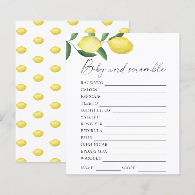 Papier Citrons - Jeu de scrabble pour baby shower (Devant / Derrière)