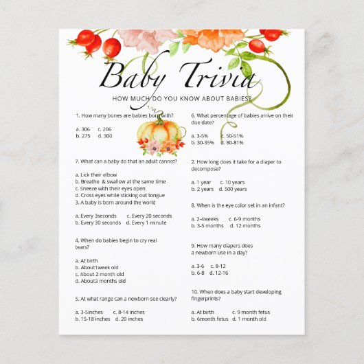 Papier Citrouille Baby Trivia Baby shower Jeu (Devant)