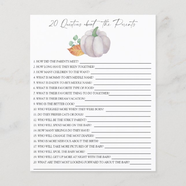 Papier Citrouille blanc - 20 questions sur les Parents (Devant)