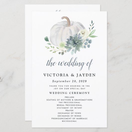 Papier Citrouille blanc Élégant Mariage Succulent Program (Devant / Derrière)