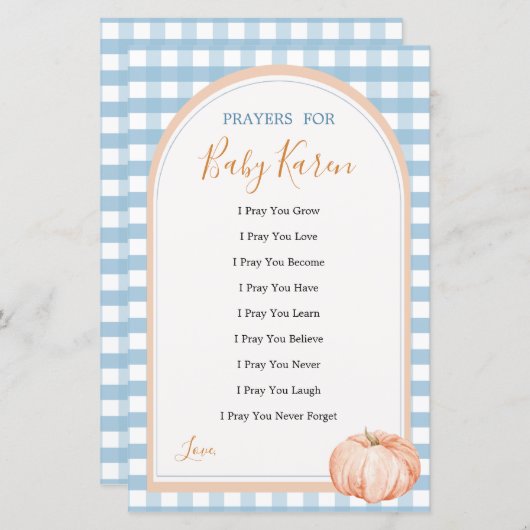 Papier Citrouille Boho Blue En vichy Love Prières pour bé (Devant / Derrière)