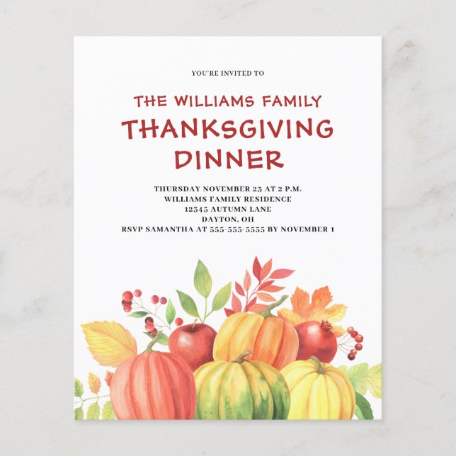 Papier Citrouille Budget Thanksgiving Diner Invitation (Devant)