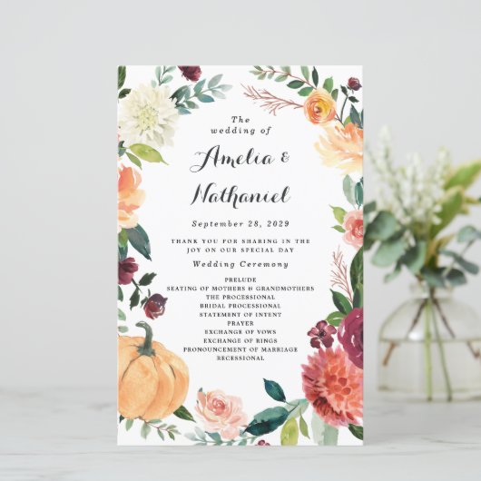 Papier Citrouille Élégant Automne Floral Mariage Programm (Debout devant)