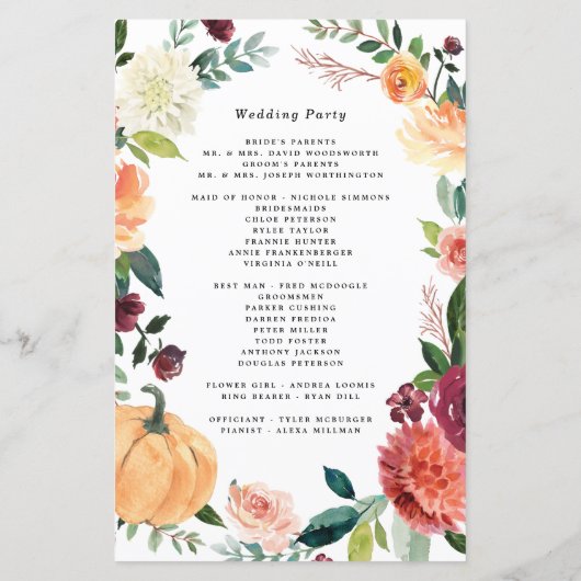Papier Citrouille Élégant Automne Floral Mariage Programm (Dos)