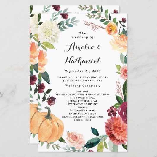 Papier Citrouille Élégant Automne Floral Mariage Programm (Devant / Derrière)