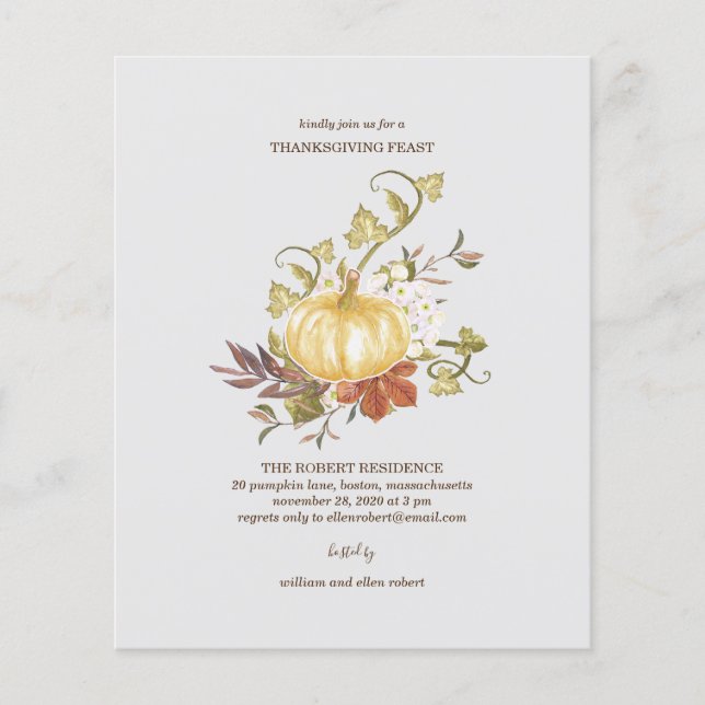 Papier Citrouille Floral Thanksgiving Dîner Invitation (Devant)