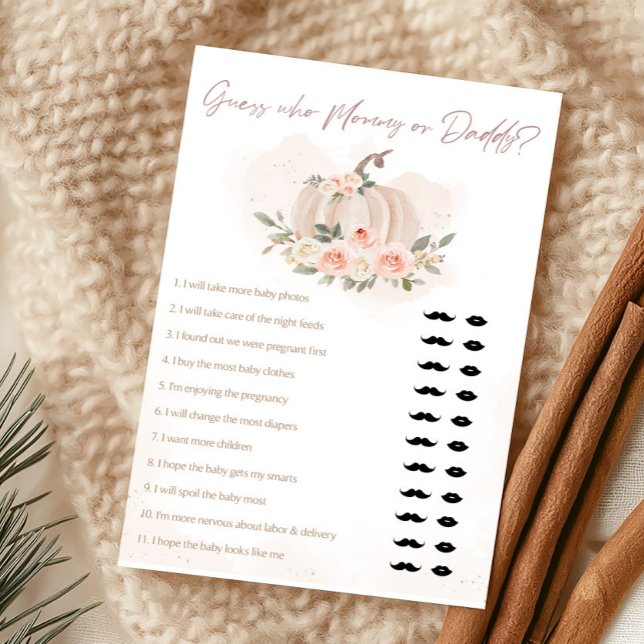 Papier Citrouille Rose Blush Devinez Qui est Maman ou Pap (Girl Blush Pumpkin Baby Shower Guess Who Mommy or Daddy Game)