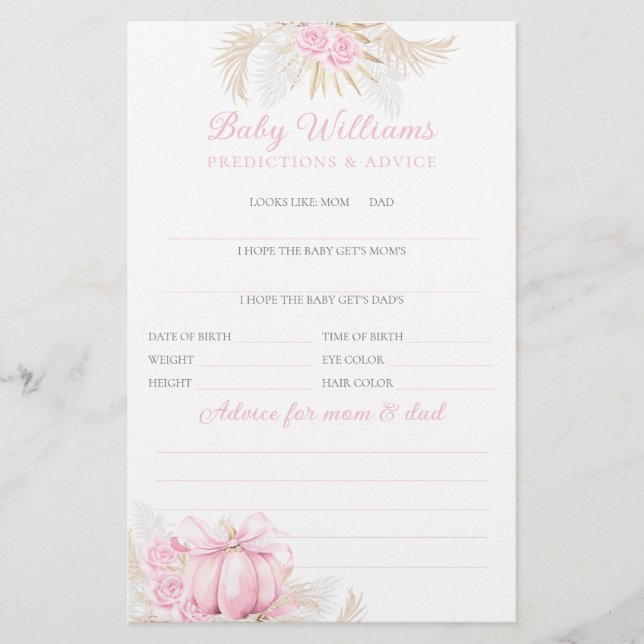 Papier Citrouille rose fille Floral Bow Baby shower jeu (Devant)