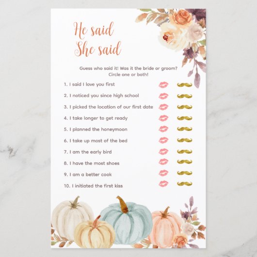 Papier Citrouille Rustic Floral Il a dit Elle a dit Game  (Devant)