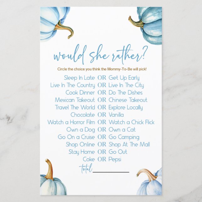 Papier Citrouilles Bleus Voudrait Elle Plutôt Baby shower (Devant)