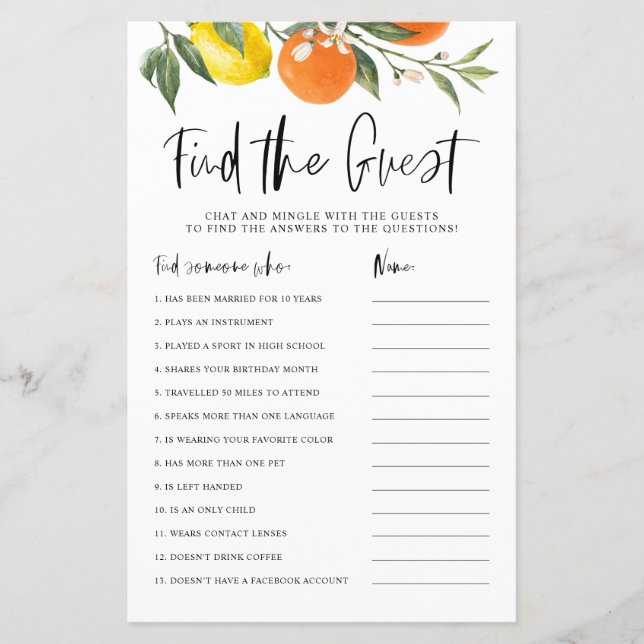 Papier Citrus Botanical Trouver Guest Shower Game Card (Devant)
