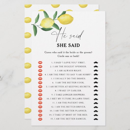 Papier Citrus citron - Il a dit qu'elle a dit jeu de douc (Devant / Derrière)