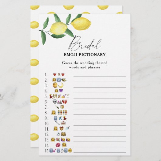 Papier Citrus citron - nuptiale douche émoticône jeu pict (Devant / Derrière)