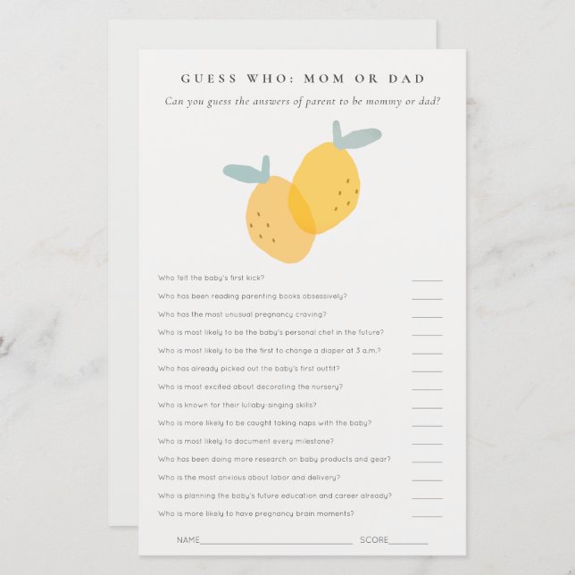 Papier Citrus Citrus Baby shower Devinez Qui maman ou pap (Devant / Derrière)