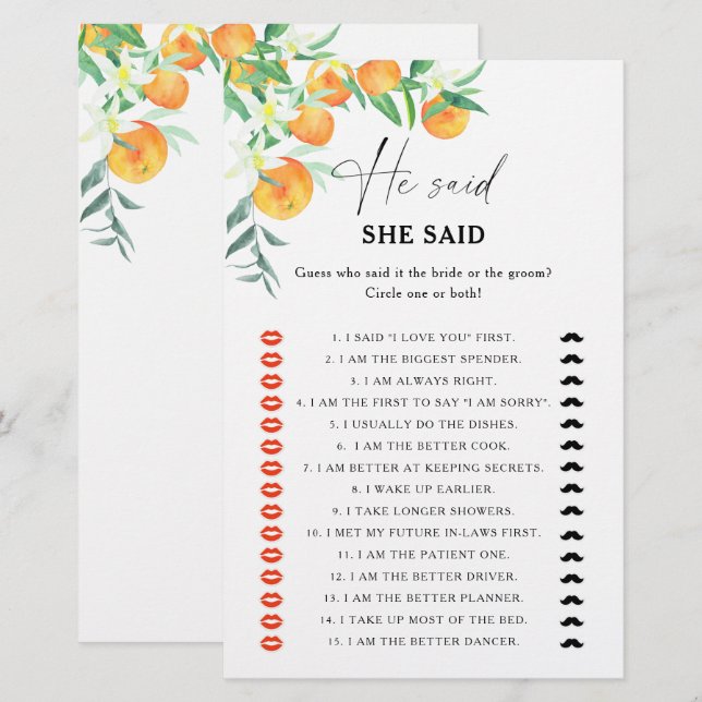 Papier Citrus - Il a dit qu'elle a dit jeu de baby shower (Devant / Derrière)