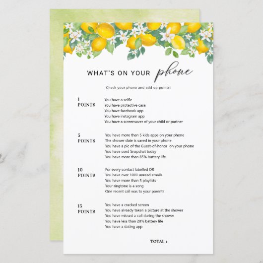 Papier Citrus Lemon What's On Your Phone Jeu de Mariage (Devant / Derrière)