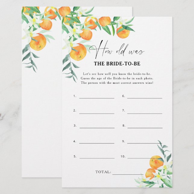 Papier Citrus - Quel âge avait la mariée pour être jeu (Devant / Derrière)
