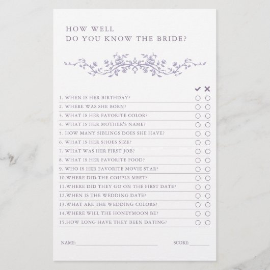 Papier Classic French Lavender Bridal Shower Game (Devant)